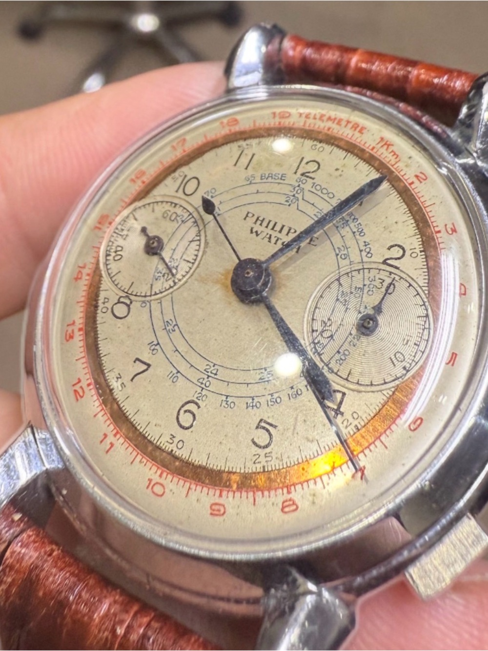 Vintage Philippe Men's Chronograph Watch - Brown Dial, Brown Strap